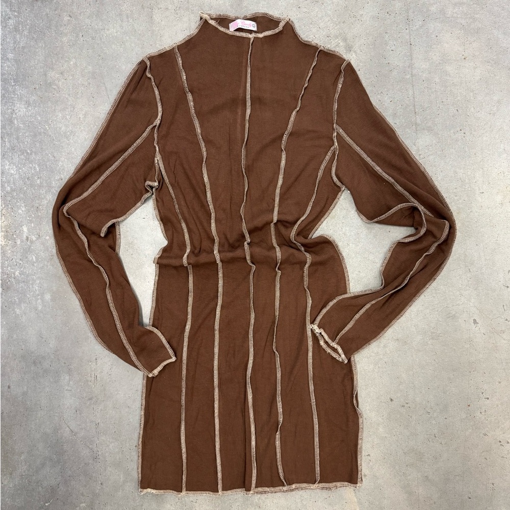 Eye Candy Couture Brown Ribbed Bodycon Mini Dress Contrast Stitch Size L NWT